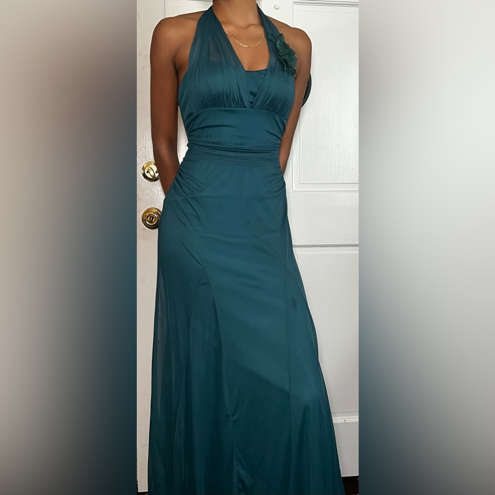 Emerald green Halter Dress with Floral Accent